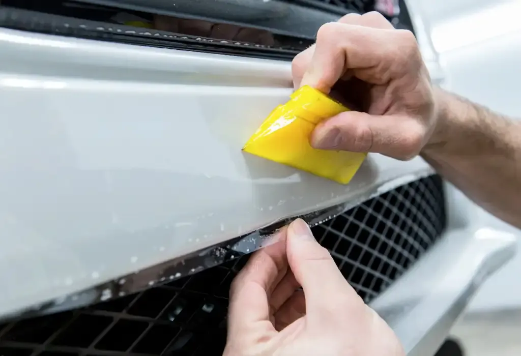 Clear paint protection film applied to a vehicle hood