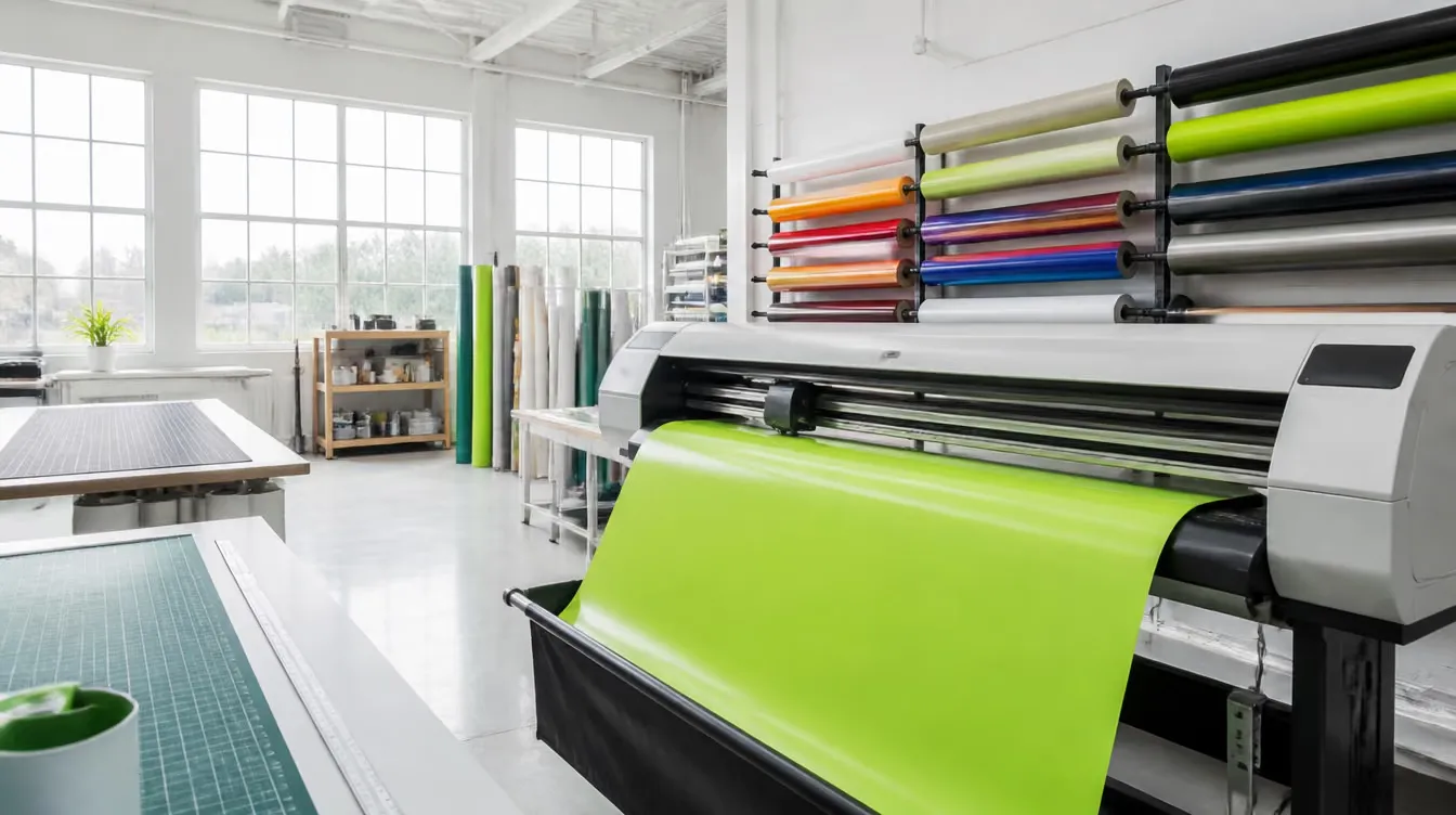 Bright sign shop workshop with a wide-format plotter cutting lime green vinyl