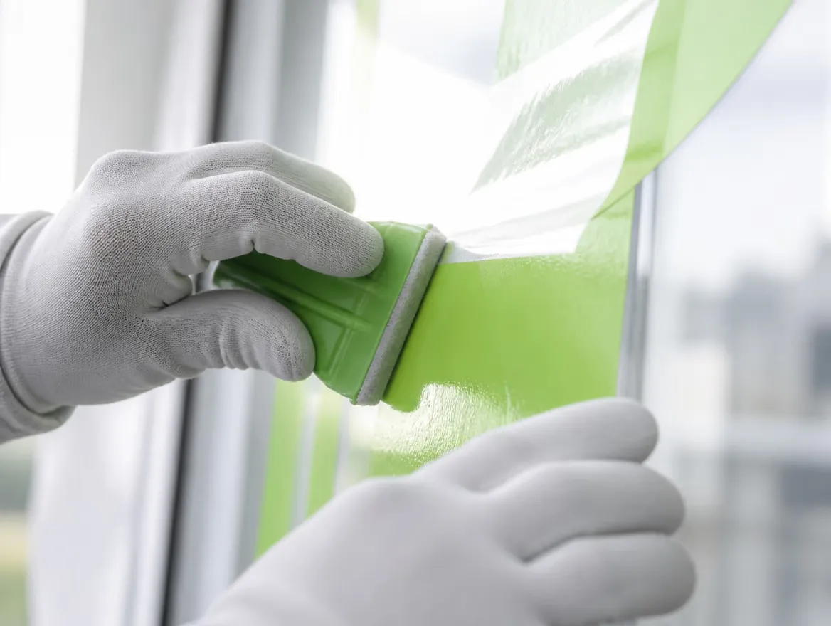 Squeegee laying bright green vinyl onto storefront glass